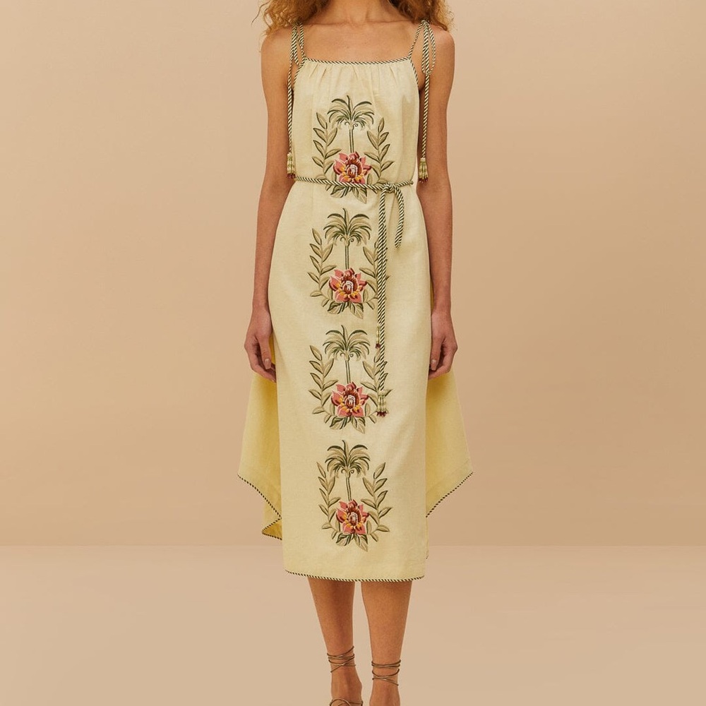FARM Rio Tropical Linen Cream Yellow Midi Embroidered Dress